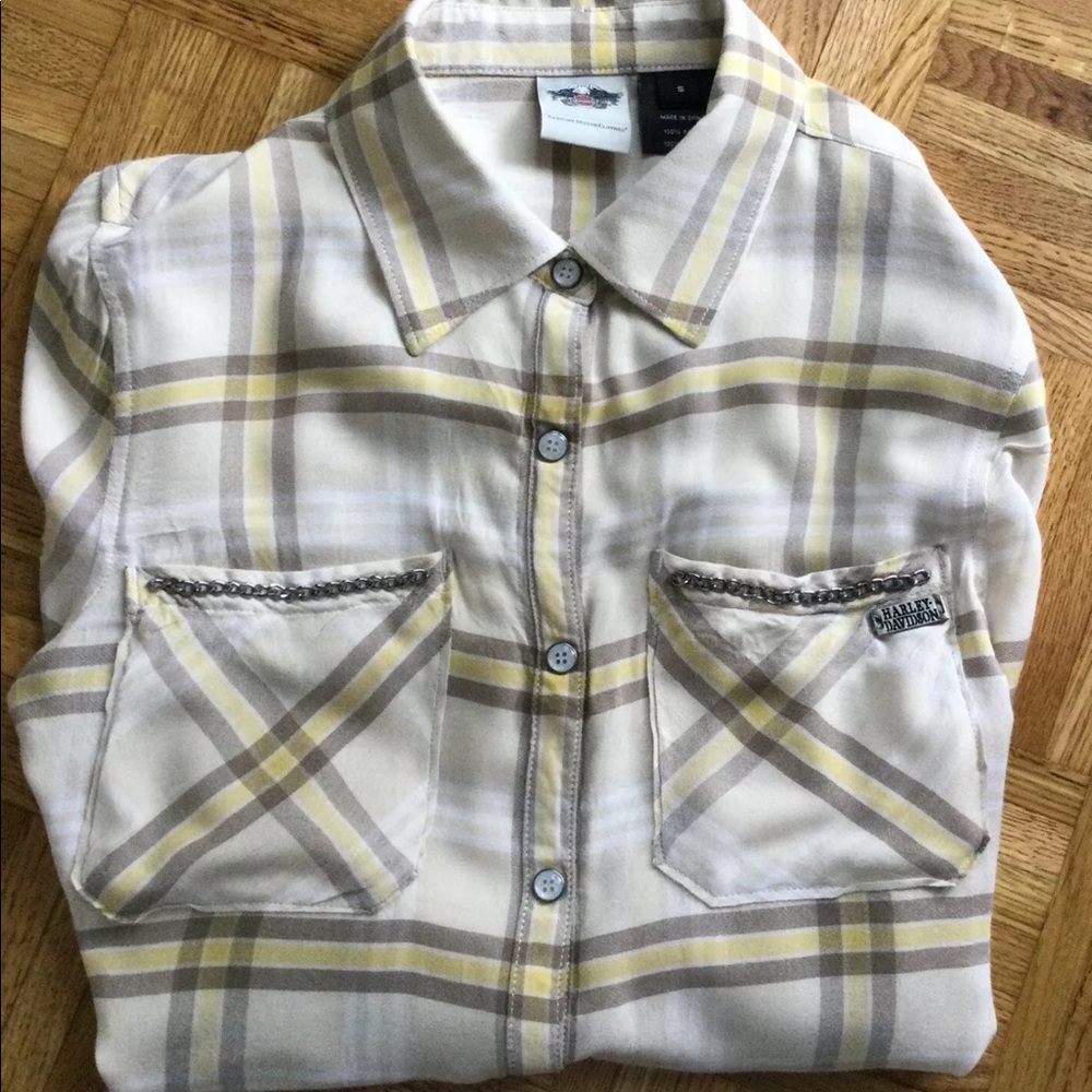 Harley-Davidson Plaid Button-Up Shirt - Cream and Tan